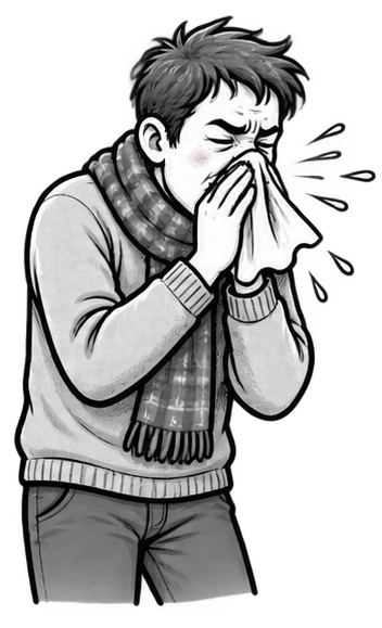 A person with influenza symptoms sneezing into a tissue